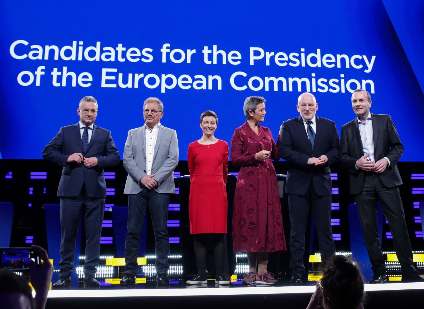 Jan Zahradil, Nico Cue, Ska Keller, Margrethe Vestager, Dutch Frans Timmermans ja Manfred Weber 15. mail Brüsselis peetud juhtkandidaatide debatil.