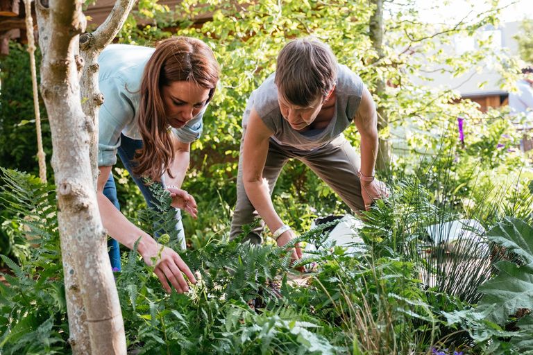 Hertsoginna Cahterine ja aednik Andree Davies kujundamas Chelsea lillenäitusel aeda «Back to Nature»