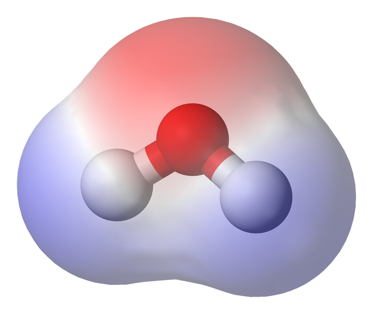 Vee molekuli ehitus. Punasena on kujutatud kergelt negatiivse laenguga (punase ümbritseva väljaga) hapniku ja valgena kaht kergelt positiivse laenguga (sinise ümbritseva väljaga) vesiniku aatomit.