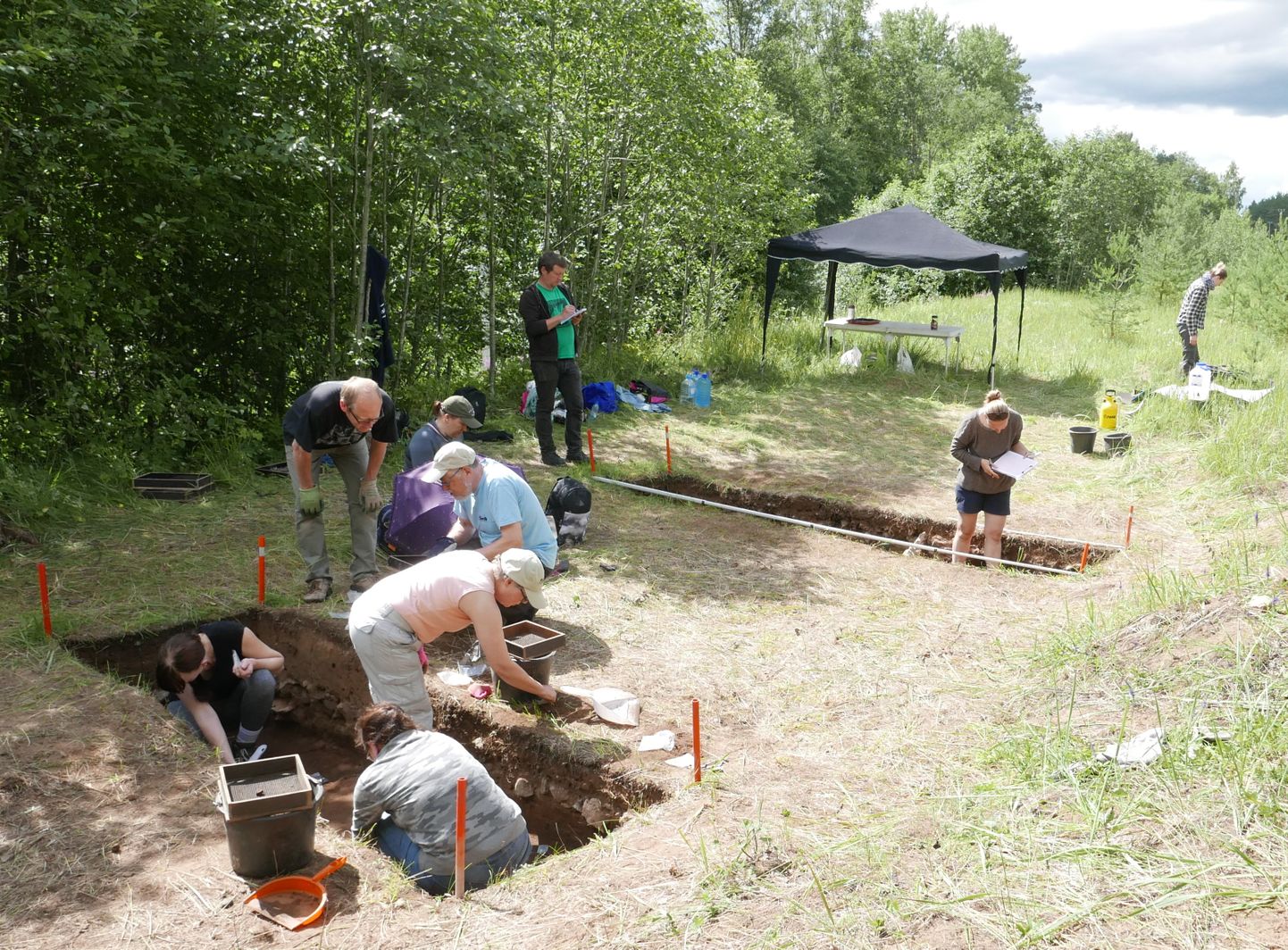 Arheoloogilised kaevamised Riigikülas. Rohelises särgis seisab doktor Kerkko Nordqvist Helsingi ülikoolist, kaevajad on aga peamiselt Soome harrastusarheoloogid ühendusest Ango.