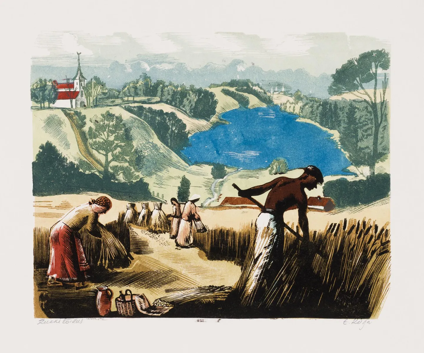 Eduard Rüga (1903–1997), «Rukkilõikus», leht mapist «Lõuna-Eesti inimene ja loodus», 1942–1943, puugravüür, Tartu kunstimuuseumi kogust.