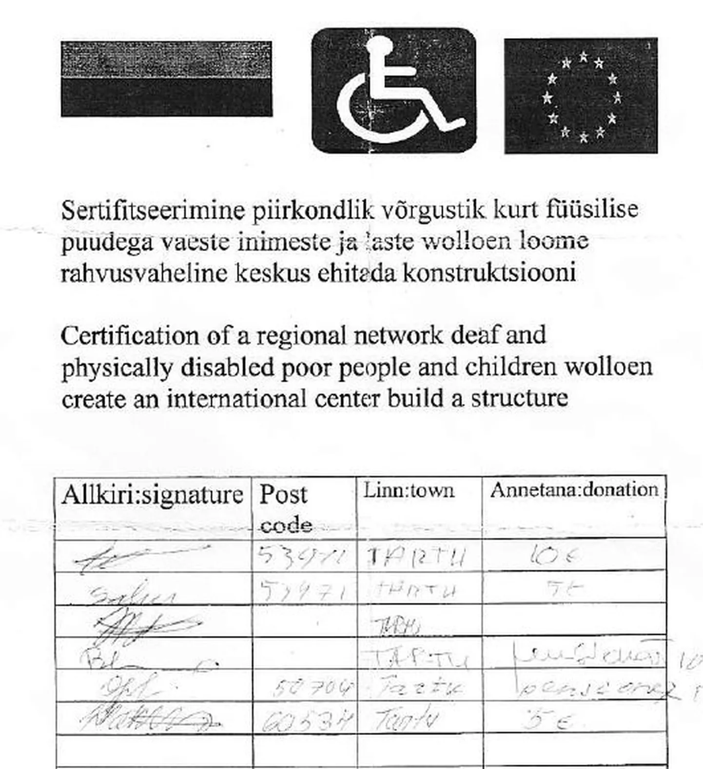 Annetuste koguja võtab heausksetelt sellisele lehele ka allkirju.