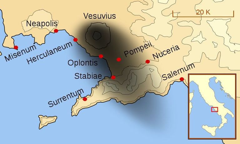 Kaart, mis näitab Vesuuvi vulkaani purske tõttu kannatanud alasid / wikipedia.org