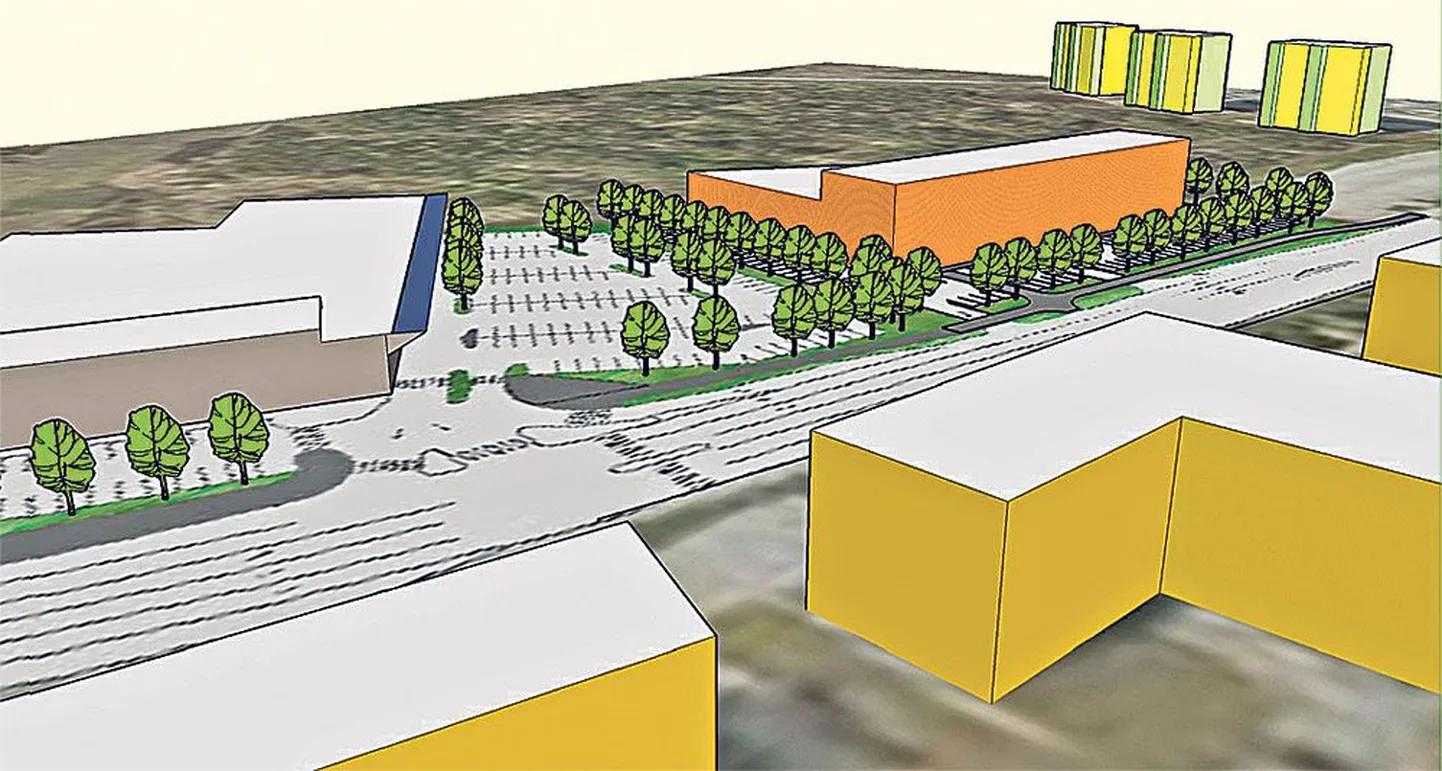 Kalda 13 krundile ärihoonet lubava planeeringu illustratsioon. Vaade Kalda tee poolt, taamal paistavad Luha tänava kortermajad. Vasakul on Maxima, mille planeering on tehtud, kuid mille nelja aasta eest antud ehitusluba on aegunud.