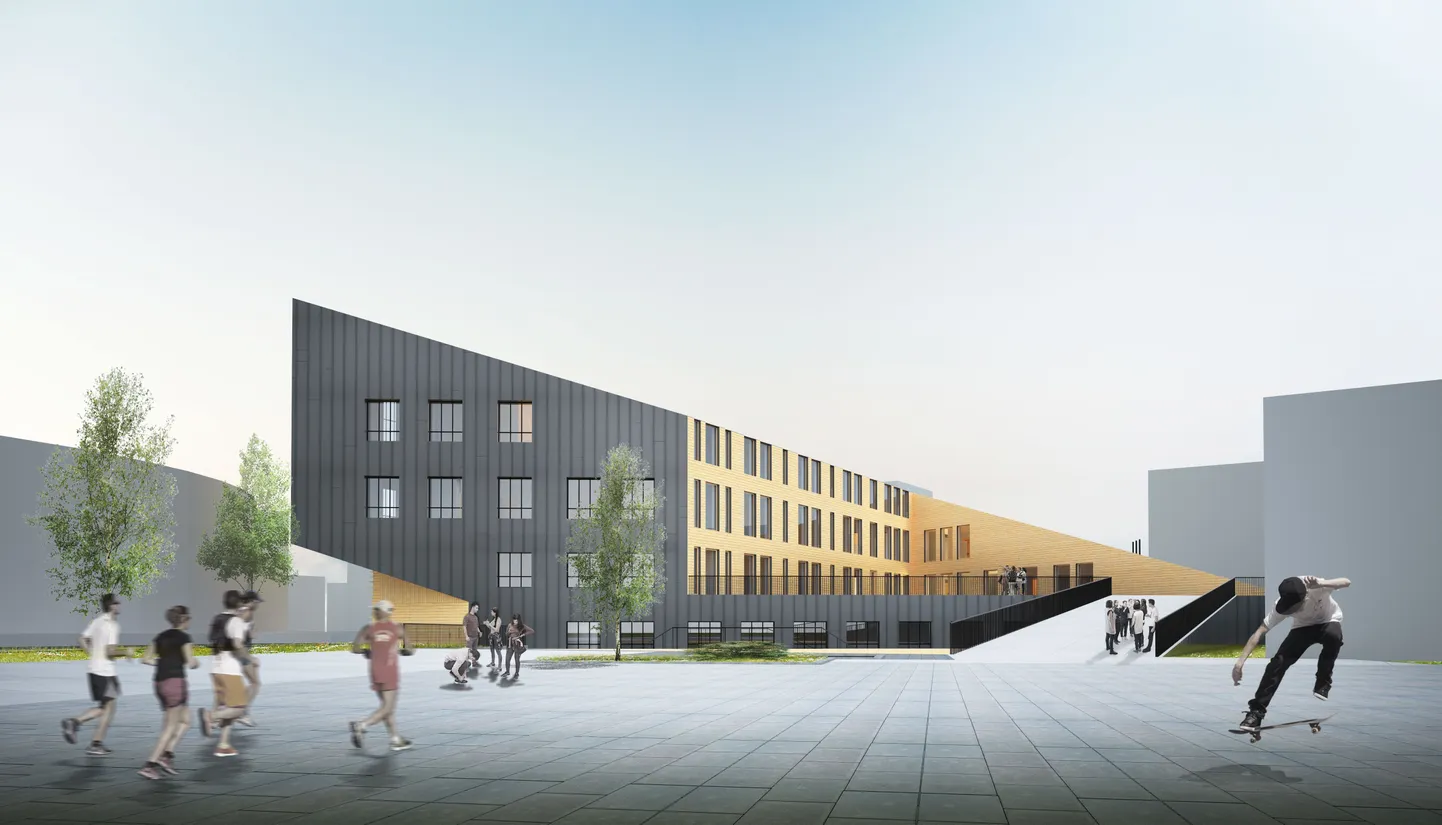 Согласно эскизу, так должно выглядеть новое здание Йыхвиской основной школы, когда оно будет наконец построено.