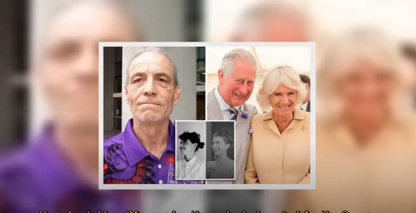 Austraallane Simon Dorante-Day (vasakul), all ta 14-aastane poeg ja kuninganna Elizabeth II noorena ning paremal prints Charles ja hertsoginna Camilla
