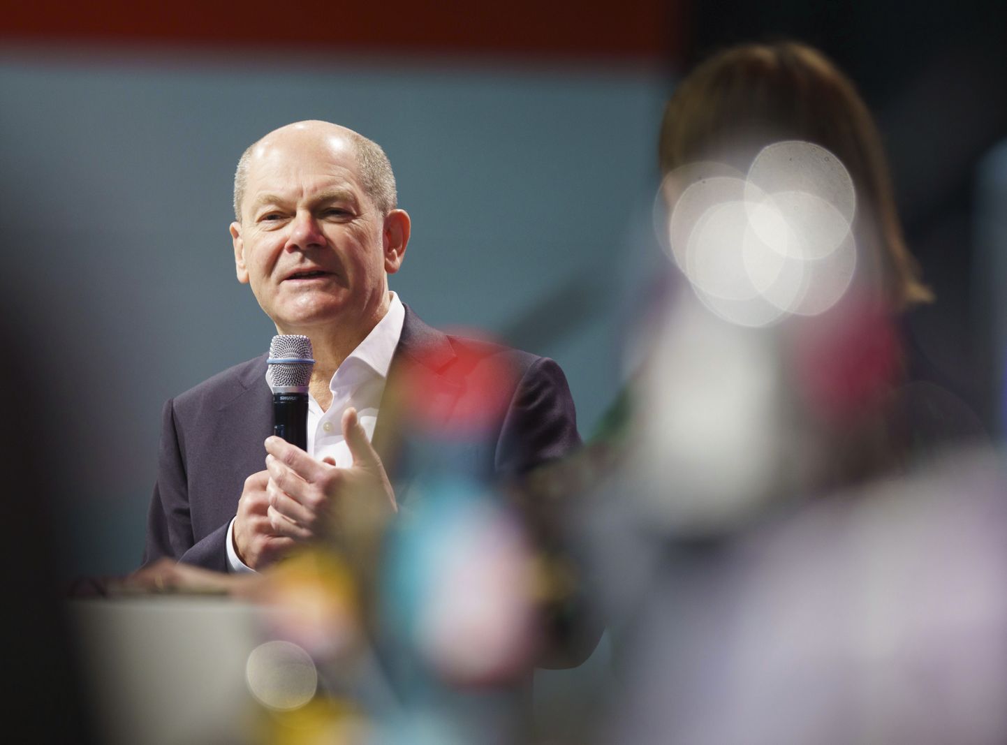 SPD candidate for chancellor Olaf Scholz speaks during the federal congress of the Jusos, in Frankfurt, Germany, Saturday, Nov. 27, 2021.  (Frank Rumpenhorst/dpa via AP)