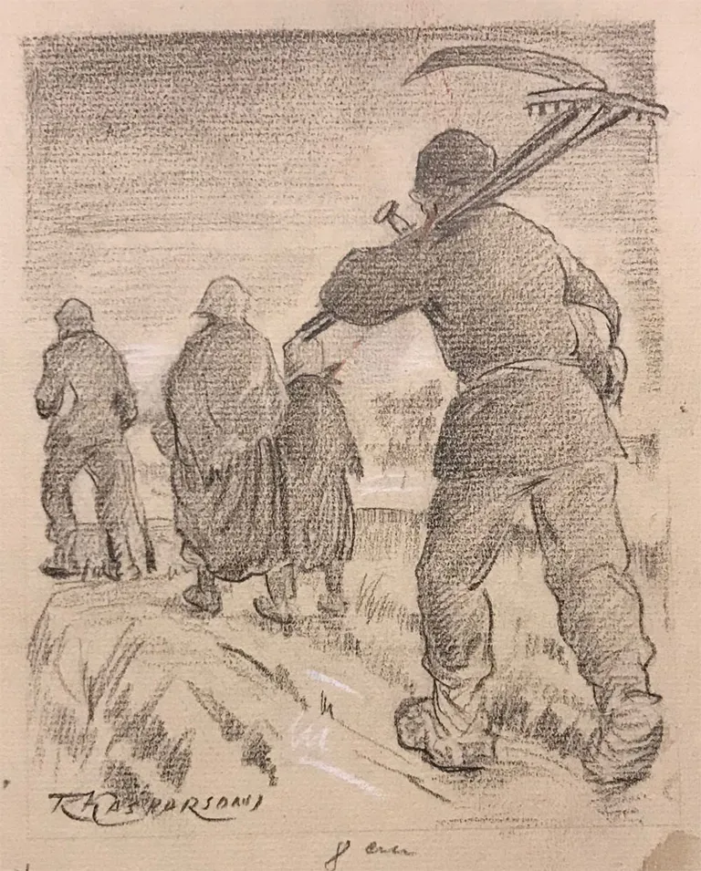 Reinholda Kasparsona zīmējums Antona Rupaiņa romānam “Baltie tēvi” žurnālam “Atpūta”, kas ar turpinājumiem publicēts 1938. gadā