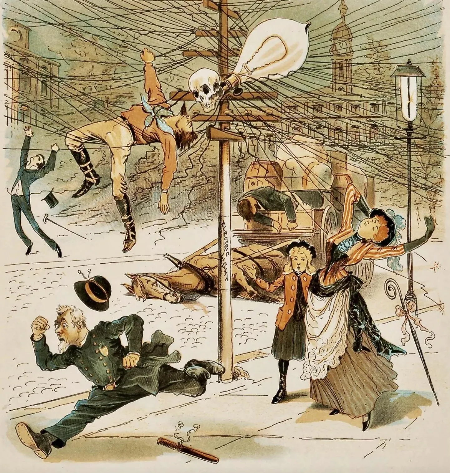 26. oktoobril 1889. aastal ajakirja Judge esikaane karikatuur elektri ohtlikkusest. Selle all allkiri «Ohjeldamatu deemon».