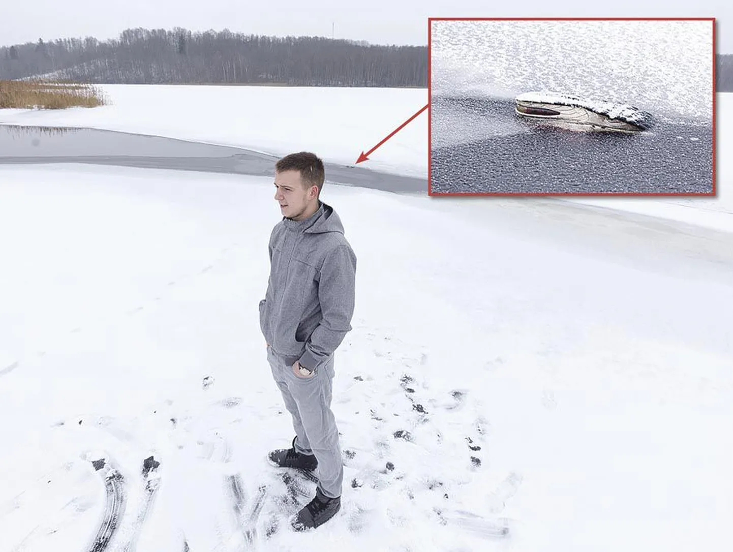Raiko Arak näitas kohta, kus kaks tüdrukut kolmapäeva õhtul kahe jalaga jääl hüppasid ja vette kukkusid. Ühe lapse jalats oli seal veel eilegi näha. Õnnetus oli õnnelik ja lapsed jõudsid tervena koju.