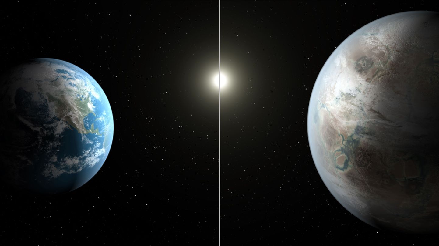 Arvutijoonistus Maast ja eksoplaneedist Kepler-452b.