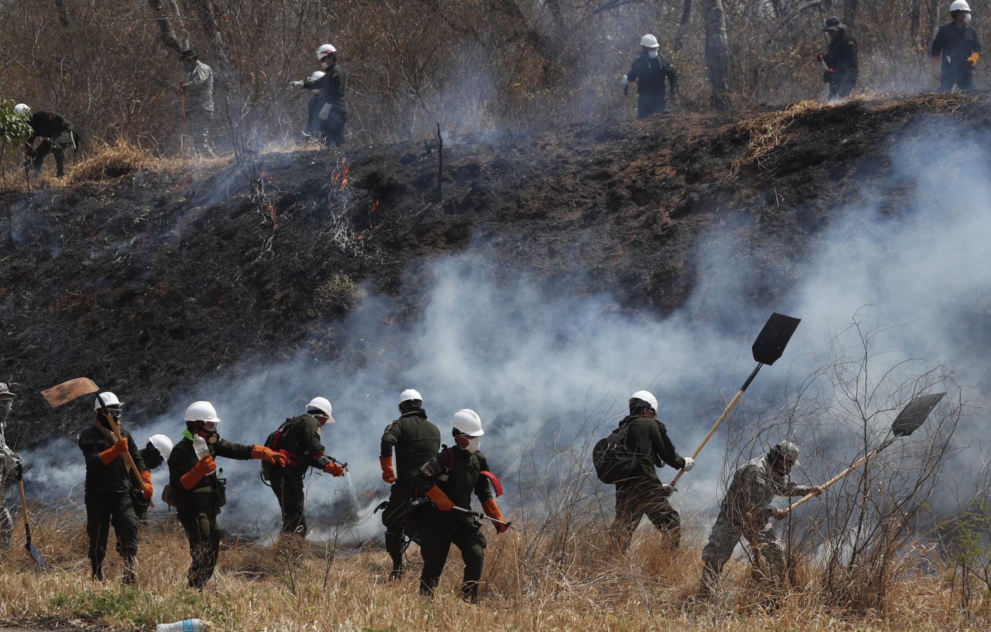 Tuletõrjujad ja politseinikud kustutamas 30. augustil põlengut Boliivia Santa Cruzi departemangus asuvas Chiquitania rohtlas.