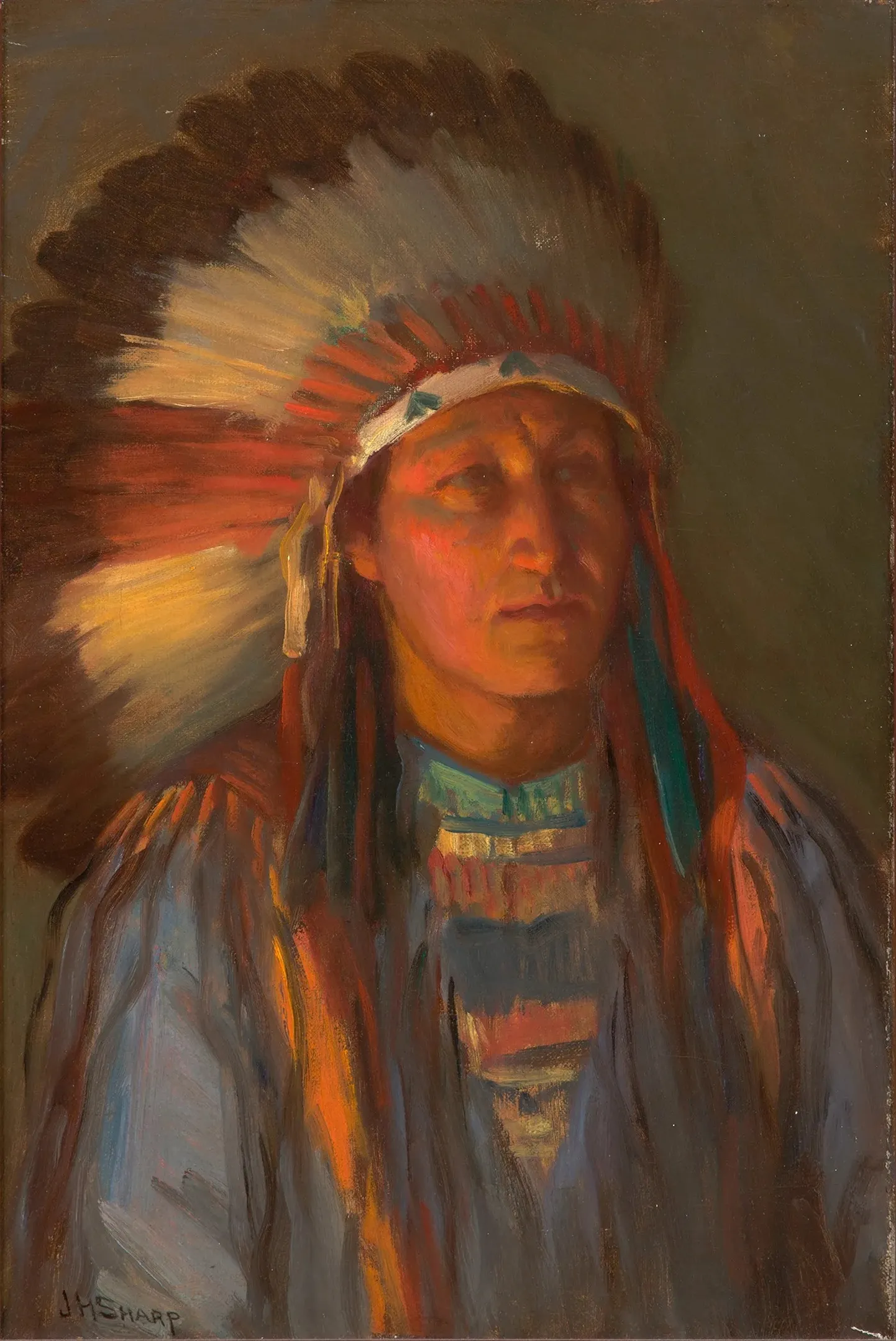 Joseph Henry Sharp, «Oklahoma Cheyenne» (tuntud ka kui «Indian Boy in Full Dress»), u. 1915, õli lõuendil, 46 × 30,5 cm. Maal kuulub Harwoodi kunstimuuseumi kogusse.