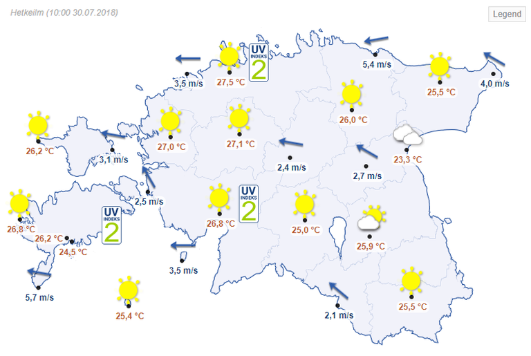 Температура воздуха в 10.00 в Эстонии (30.07.2018).