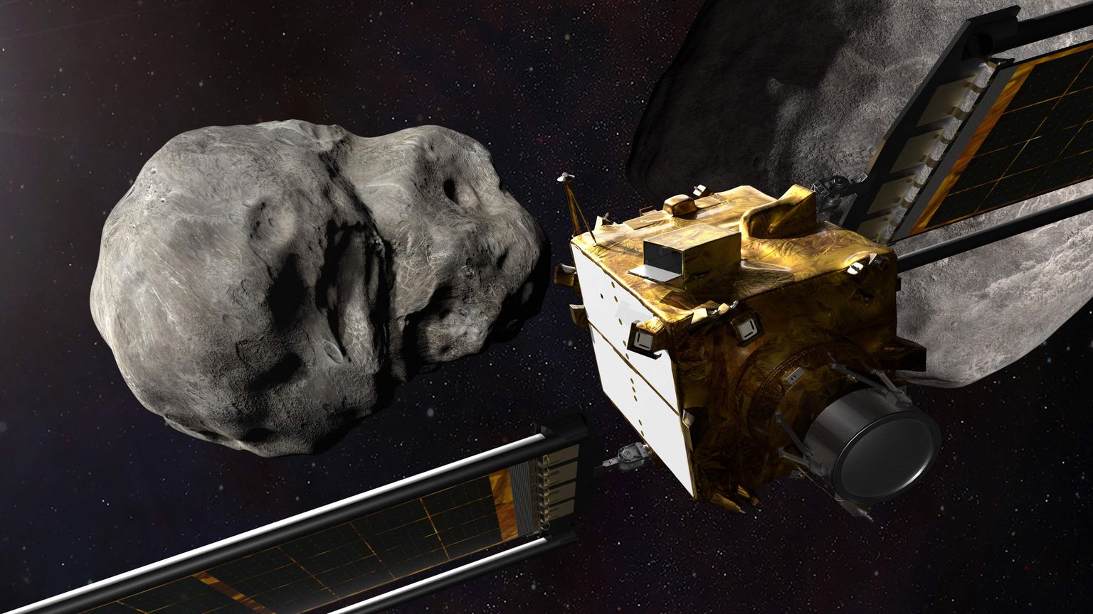 NASA arvutijoonistus asteroid Dimorphosest, mis on süsteemis suurema asteroidi Didymosega, ning kosmoselaeva, mille NASA Dimorphosega kokku põrgatab