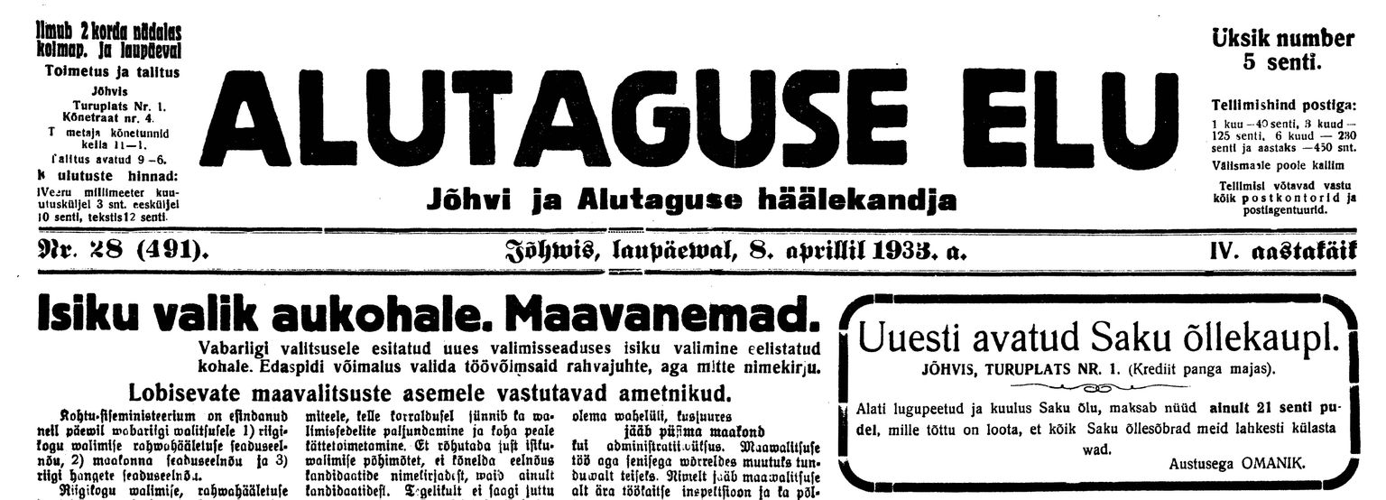 Статья на первой полосе газеты "Alutaguse Elu" от 8 апреля 1933 года освещала реорганизацию уездных управлений.