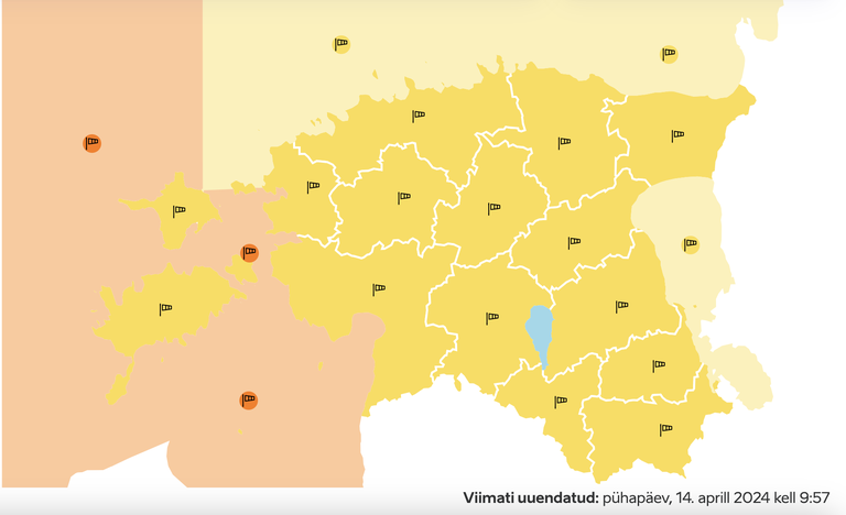 Terve Eesti on värvunud kollaseks ja punaseks, mis annab märku tugevast tuulest.