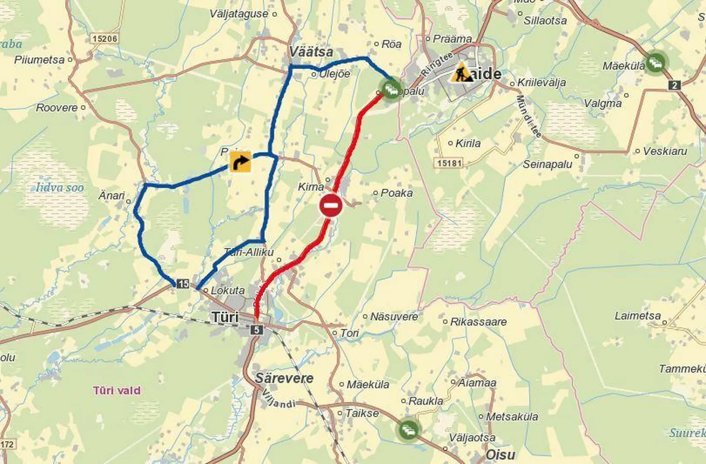 Liikluspiirang Pärnu–Rakvere–Sõmeru maanteel.