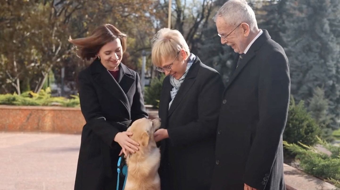 Moldova president Maia Sandu tutvustab Sloveenia riigipeale Nataša Pirc Musarile ja Austria presidendile Alexander Van der Bellenile oma koera Codruțit.