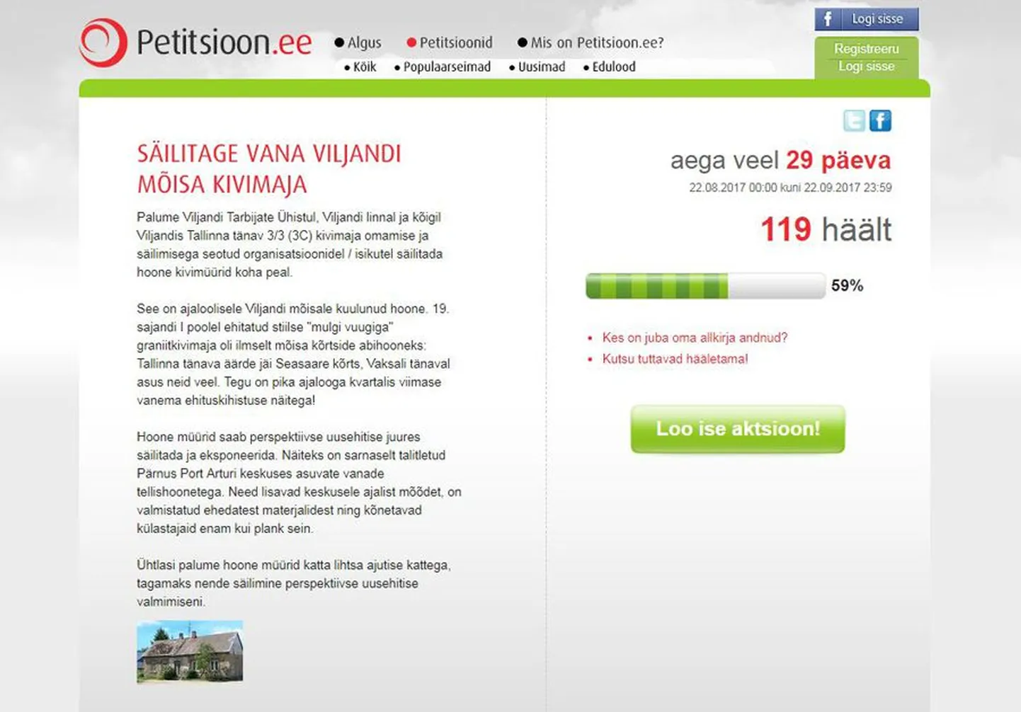Puusepp ja palkmajade restauraator Joosep Metslang kogub internetis allkirju kaubamaja taga asuva väärika maakivihoone lammutamise vastu. Ta mõistab, et juriidilist jõudu allkirjad ei oma, kuid kavatseb petitsioonile vähemalt 200 inimese allkirjad koguda ning need Viljandi Tarbijate Ühistule edastada. Eile lõuna paiku oli allkirja andnud 119 inimest.