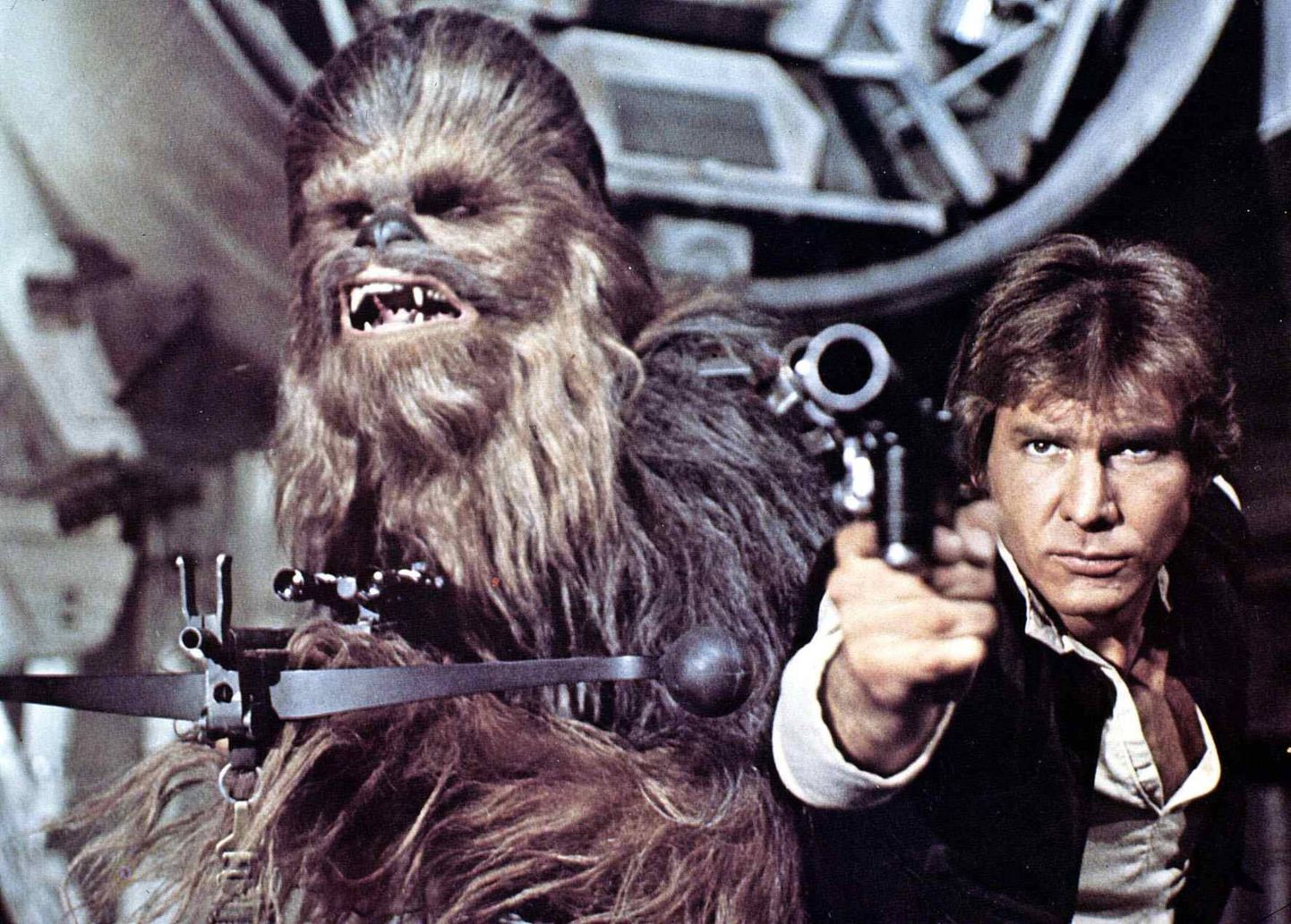 Peter Mayhew (Chewbacca) ja Harrison Ford (Han Solo) 1977. aasta «Tähesõjad» filmis