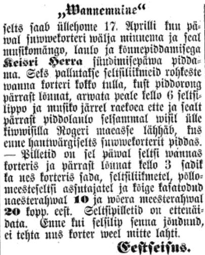 Vanemuise seltsi kolimise uudis 15. aprillil 1870 Eesti Postimehes.