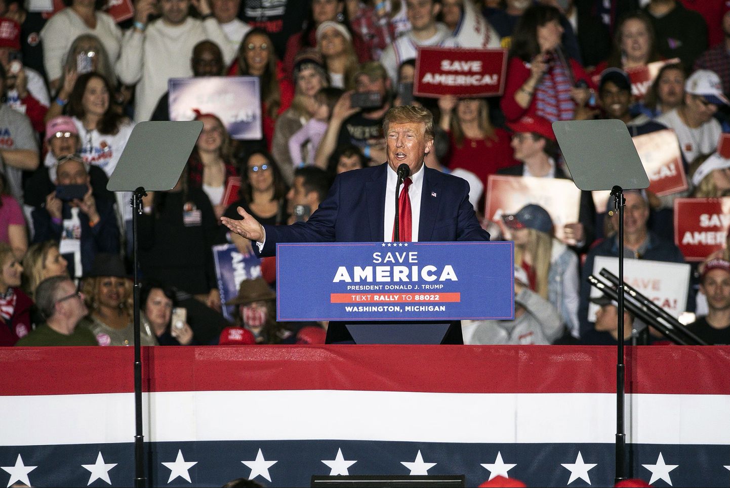 Former President Donald Trump speaks during a rally at the Michigan Stars Sports Center in Washington Township, Mich., Saturday, April 2, 2022. (Junfu Han/Detroit Free Press via AP)