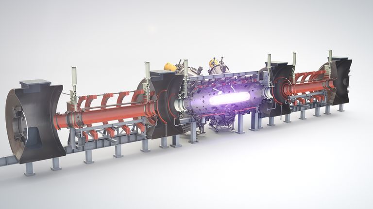 Praegu töötava reaktori «Norman» läbilõige. Plasmat hoitakse paigal laserkiirtega.