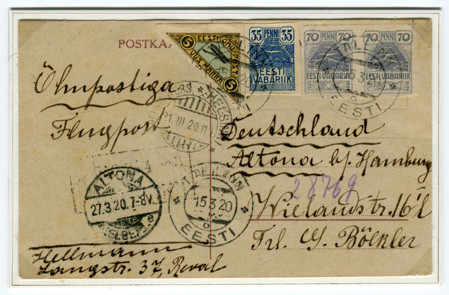 Письмо с треугольной маркой авиапочты, отправленное в Германию.