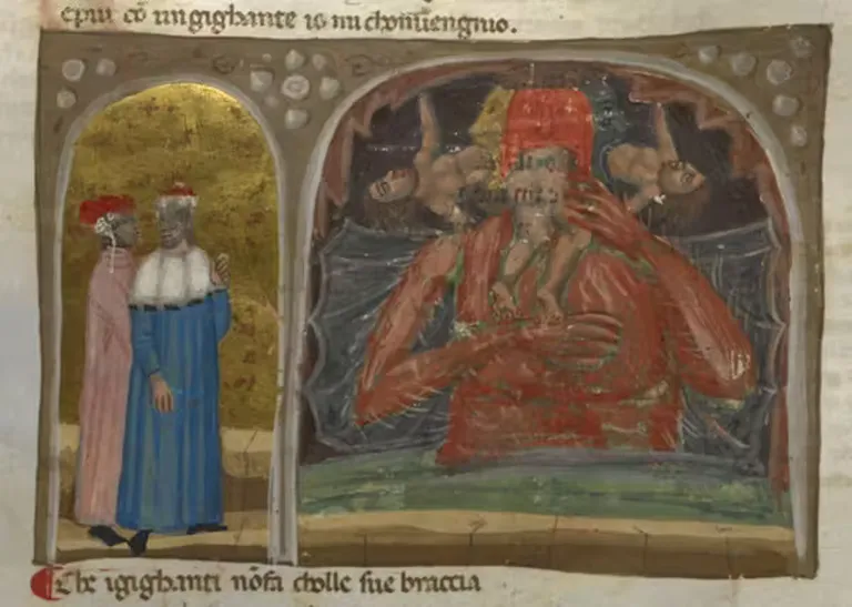 Dante un Virdžils noraugās, kā Lucifers ar trim mutēm aprij Kasiju, Brutu un Jūdu. Ilustrācija no Dantes Aligjēri darba "Dievišķā komēdija".