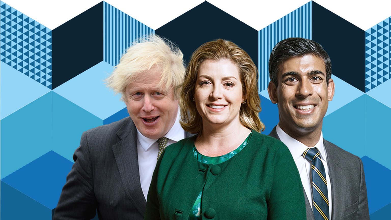 Кандидаты на пост премьер-министра Великобритании: Борис Джонсон, Пенни Мордонт и Риши Сунак.