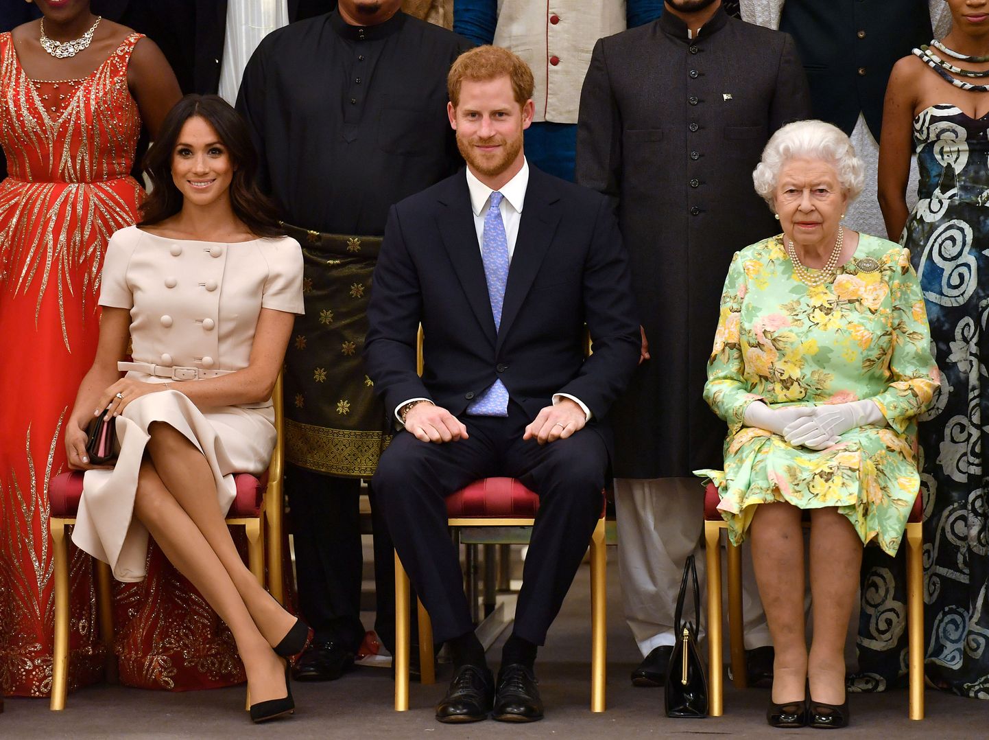 Briti kuninganna Elizabeth II, prints Harry ja hertsoginna Meghan juulis 2018 Londonis noorte äriauhindade sündmusel