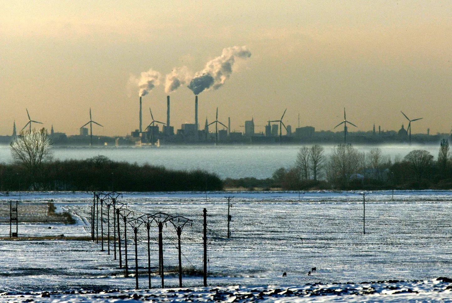 Elektriliinid Rootsi rannikul. Taamal Taani kivisöel ja tuuleenetrgial töötavad elektrijamad.