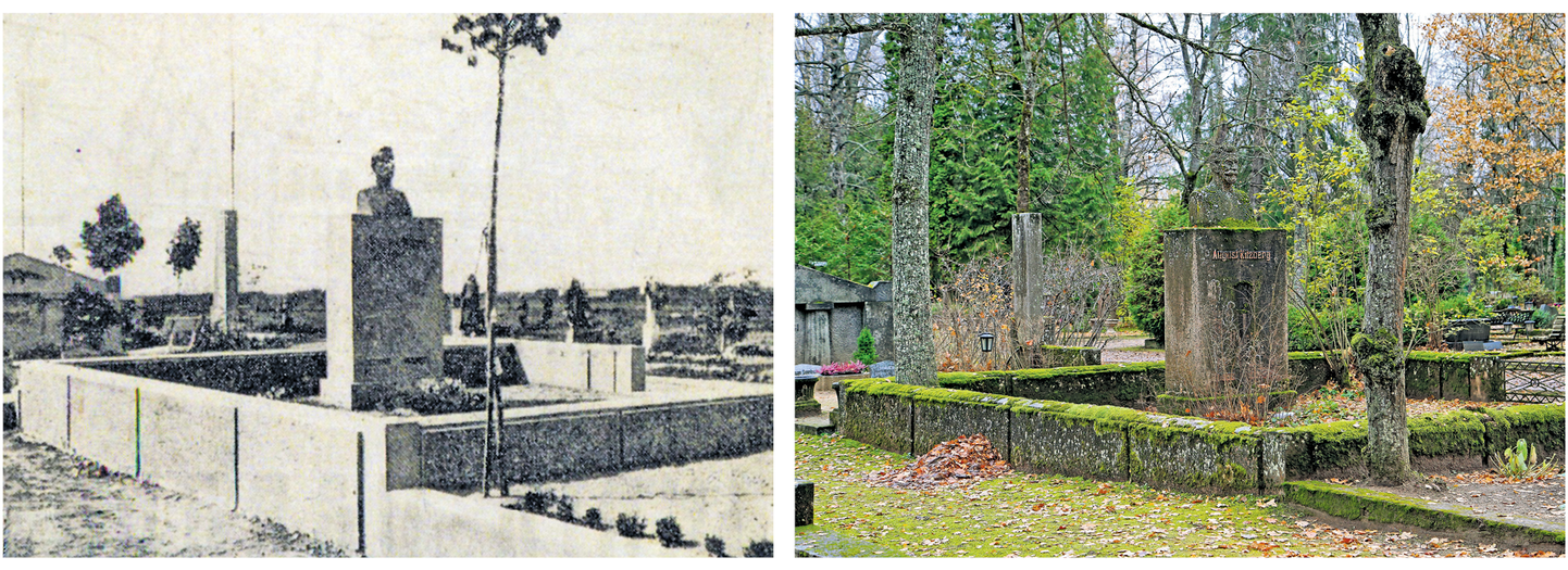 August Kitzbergi kalm 1933. aastal ning tänapäeval. Esialgu paiknes graniitalusel pronksbüst, kuid see varastati ära. 1959. aastal paigutati hauasambale graniidist büst.
