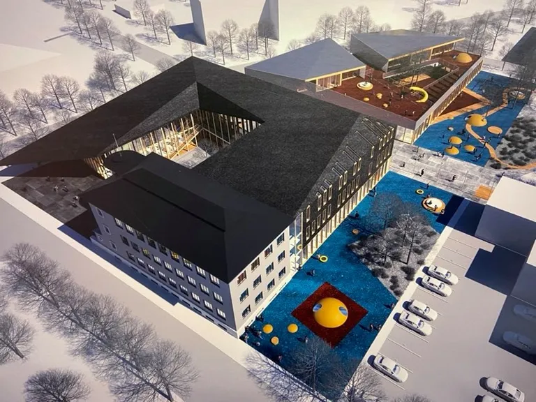 Эскиз архитектурного решения "Duo" для учебного комплекса в Нарве, включающего новую государственную гимназию, обновленную эстонскую основную школу, а также новый детский сад.