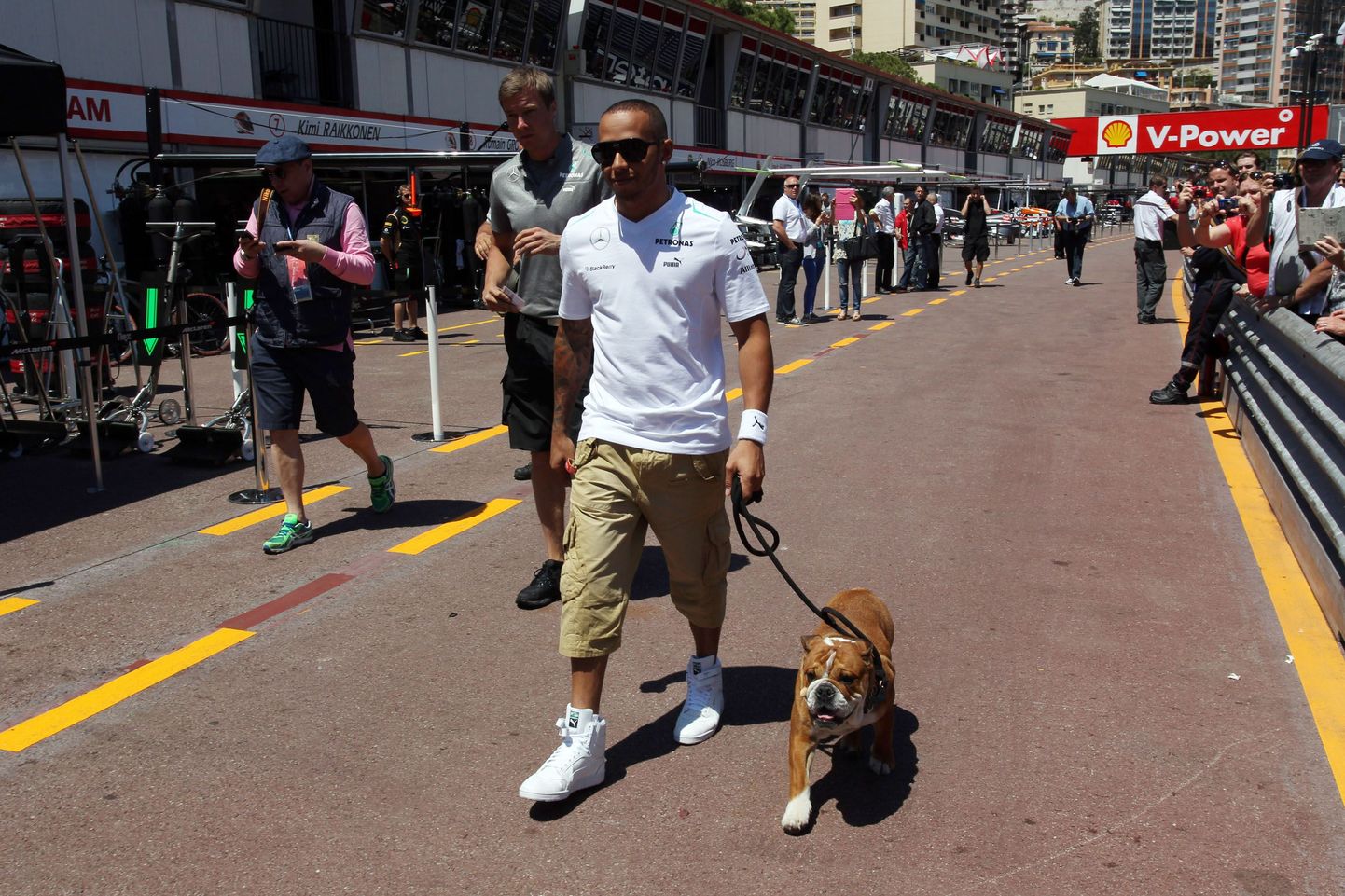 Lewis Hamilton ja tema koer Roscoe enne Monaco etappi.