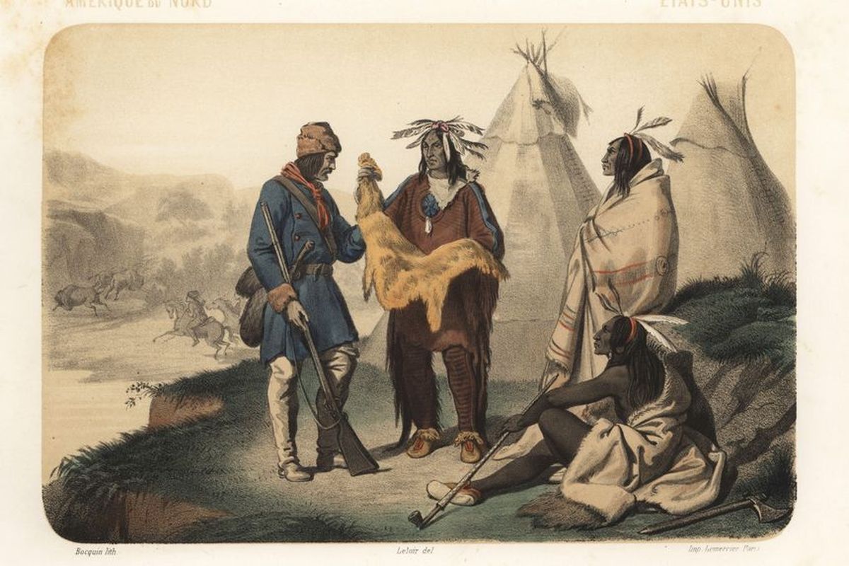 Indians offering a pelt to a trapper in a lithograph by Jean-Adolphe Bocquin ca. 1870