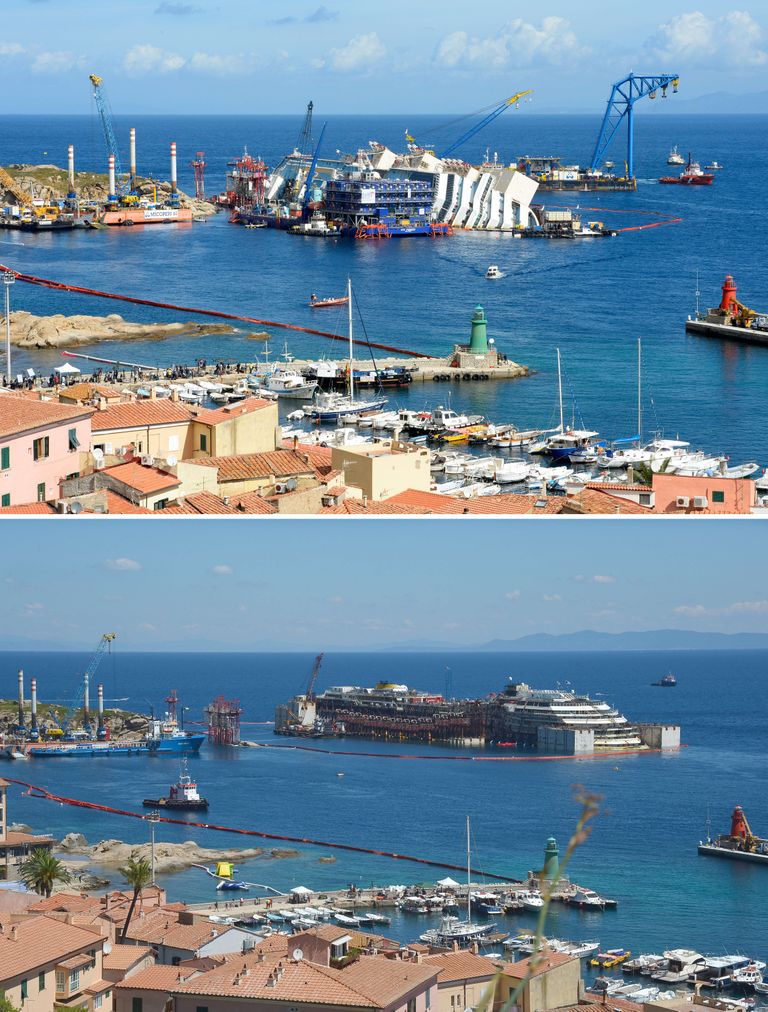 Võrdlus: Costa Concordia pärast õnnetust 2012. aastal ja selle aasta 15. juulil, mil püsti tõstetud laeva hakati ujuvaks muutma.