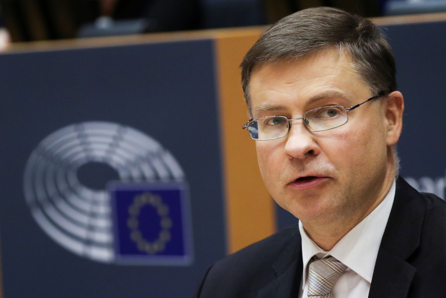 European Commission Vice President Valdis Dombrovskis speaks during his hearing before the European Parliament's trade committee, in Brussels, Belgium, October 2, 2020.  REUTERS/Yves Herman