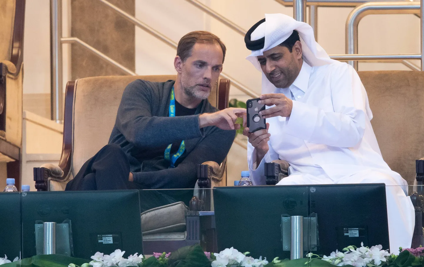 PSG nüüdseks endine peatreener Thomas Tuchel koos klubi presidendi Nasser Al Khelaifiga.