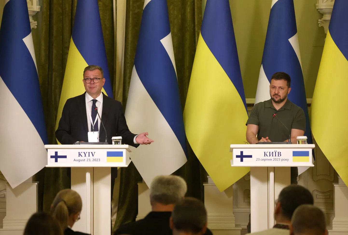 Soome peaminister Petteri Orpo ühisel pressikonverentsil Ukraina presidendi Volodõmõr Zelenskõiga mullu augustis Kiievis. Foto on illustratiivne.