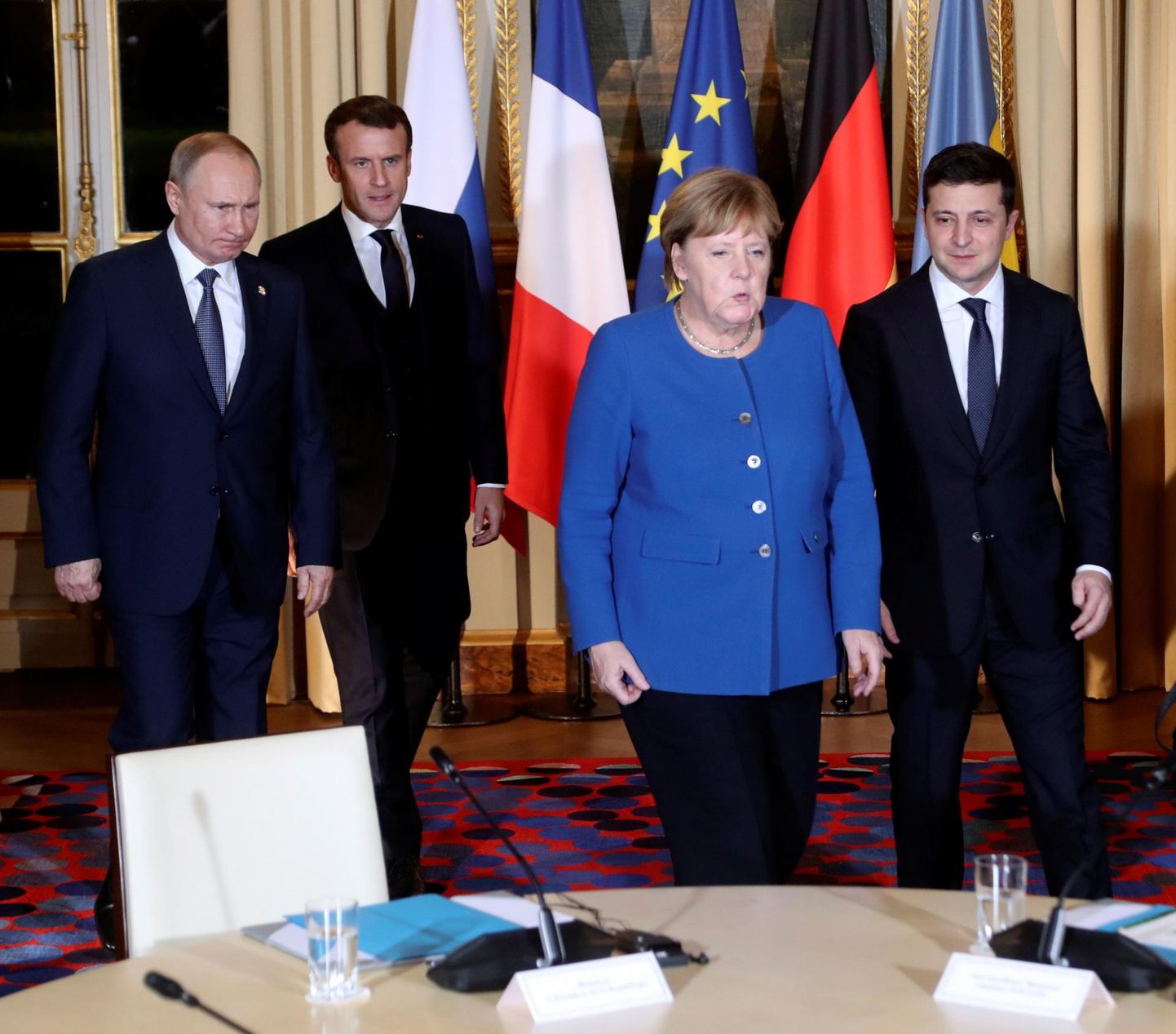 Liidrid Normandia neliku kohtumisel. Vasakult: Vladimir Putin, Emmanuel Macron, Angela Merkel ja Volodõmõr Zelenskõi.