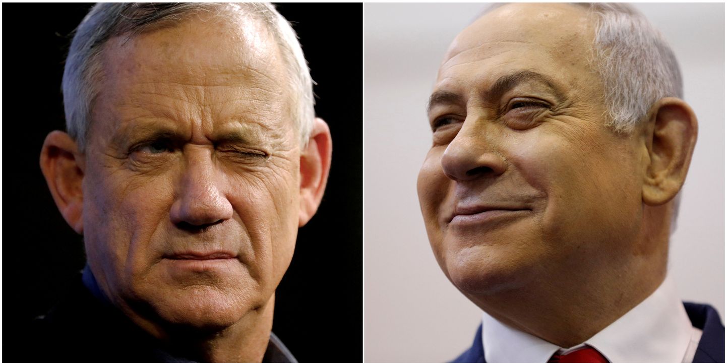 Iisraeli Sinivalge koalitsiooni liider Benny Gantz (vasakul) ning parempoolse Likudi partei esimees ja peaminister Benjamin Netanyahu (paremal).