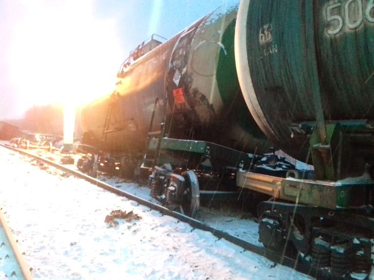 OMSK REGION, RUSSIA - DECEMBER 1, 2018: The site of a train derailment after 71 wagons of a freight train came off the track on the Sverdlovsk Railway near Mangut, Omsk Region, Russia on 30 November 2018; services have resumed on one of the tracks while the other one is under repair following the incident. TASS