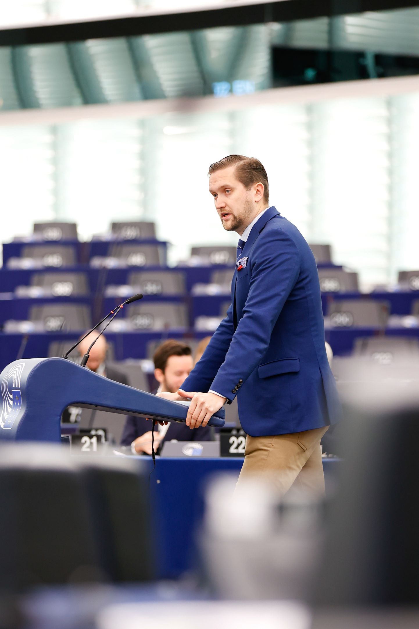 Eurosaadik Jaak Madison täna Strasbourgi istungisaalis Venemaale kehtestatud sanktsioone käsitleval arutelul.
