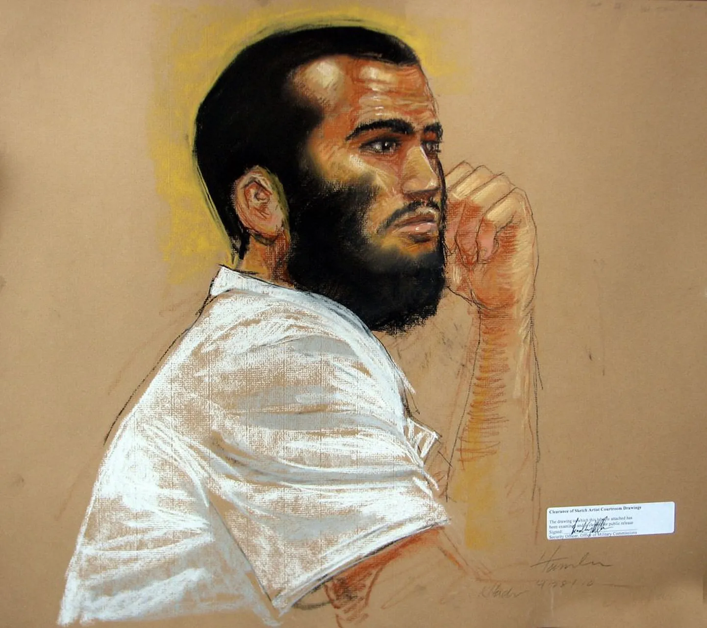 Kohtujoonistus Omar Khadrist, kelle elust kolmandik on möödunud vanglas.