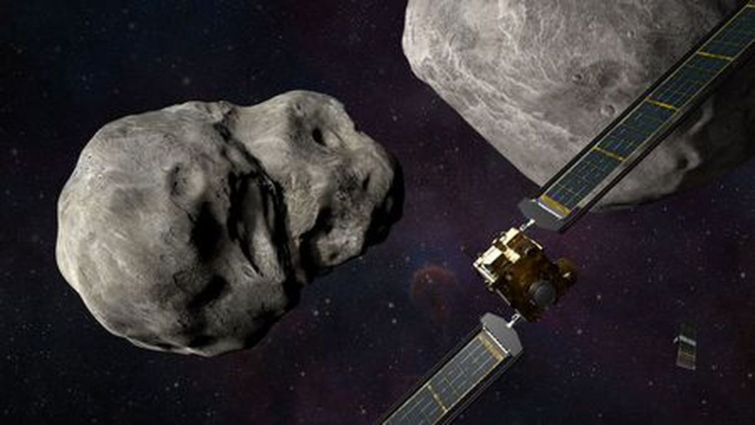 Arvutijoonistus NASA DART-kosmoselaevast ja asteroidist Didymos, mille kuu Dimorphosega (vasakul) ta kokku peaks põrkama