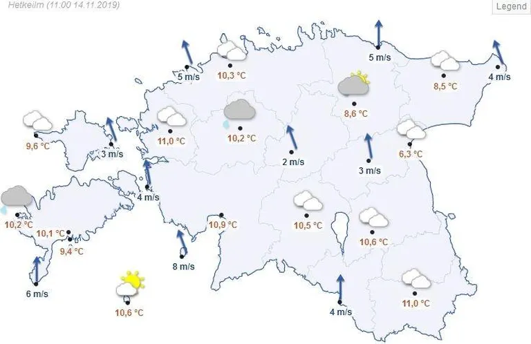 Температура воздуха в Эстонии 14 ноября по состоянию на 11 часов.