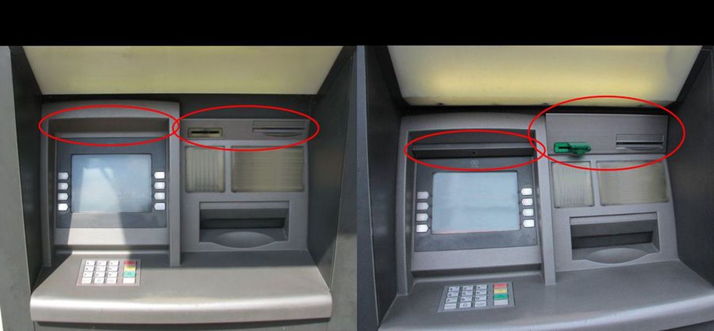 Parempoolsel pildil on näha pangaautomaat, millele on monteeritud kuritegelikuks otstarbeks kasutatavad lisaseadeldised. Vasakpoolne aparaat on seevastu korrektselt puhas.