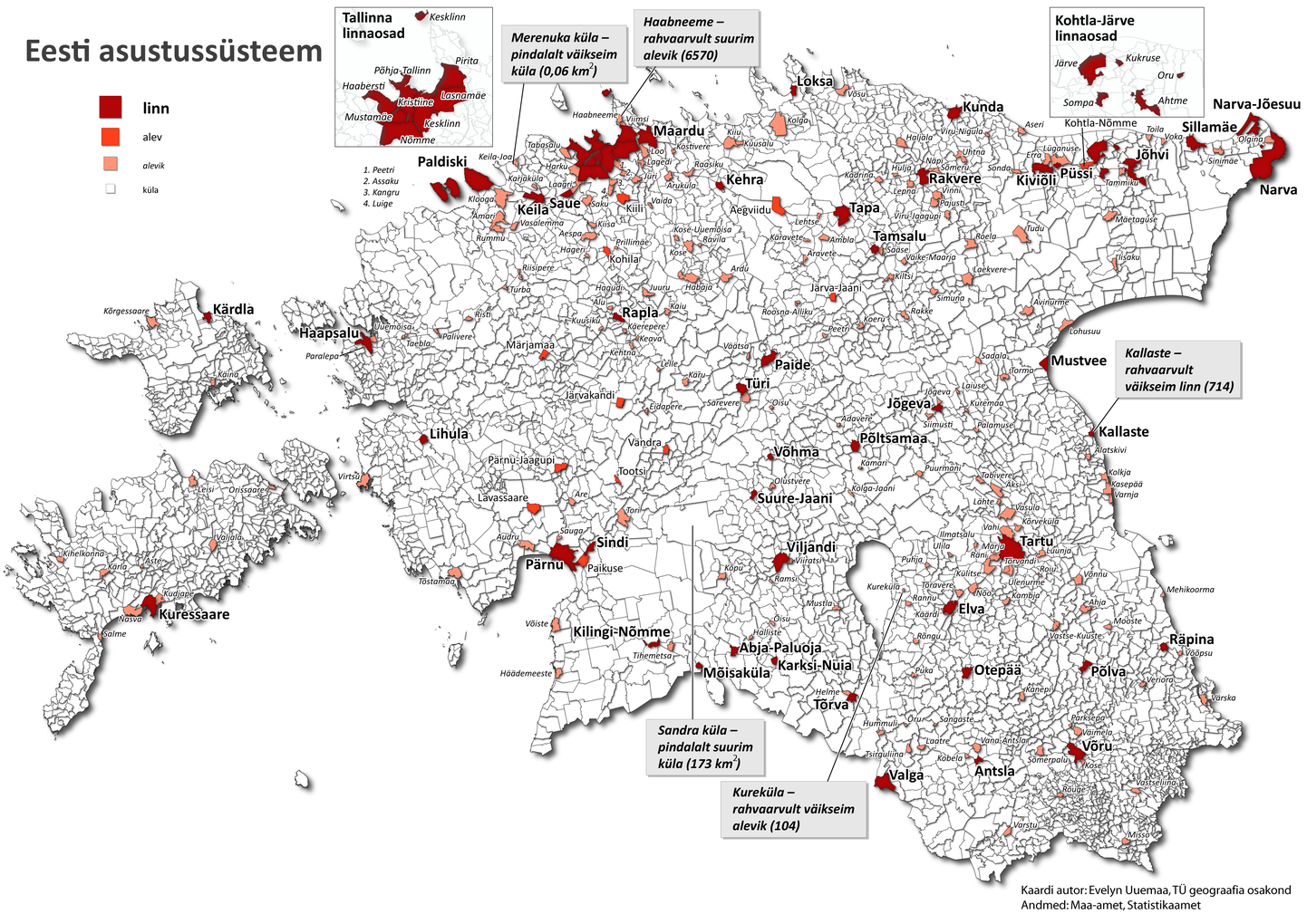 Eesti asustussüsteem. Andmed: Maa-amet, Statistikaamet